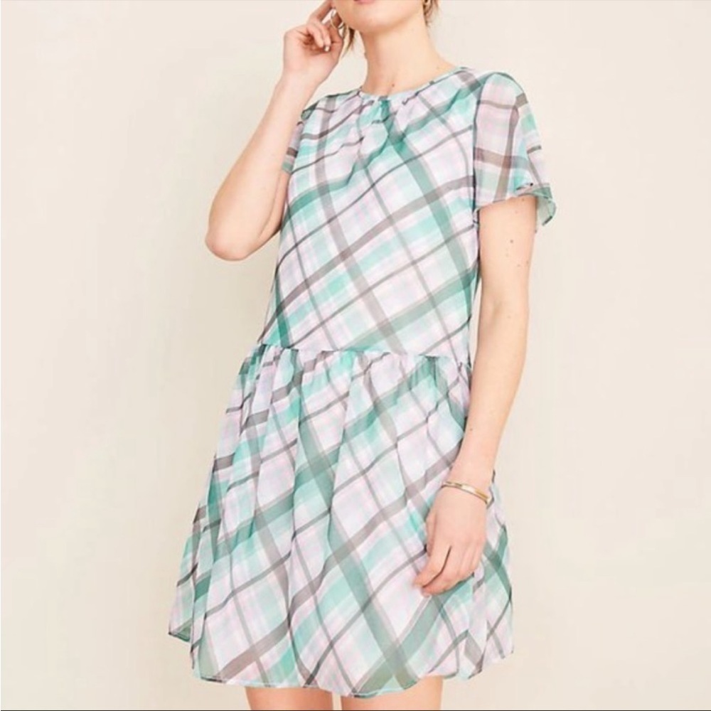 Ann Taylor Dress Drop Waist Plaid Pink Green Spring Easter Gingham Lined Babydol